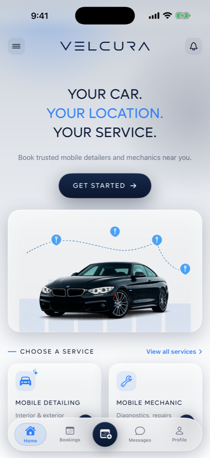 VELCURA app home screen — choose a service and book a trusted mobile detailer or mechanic near you.