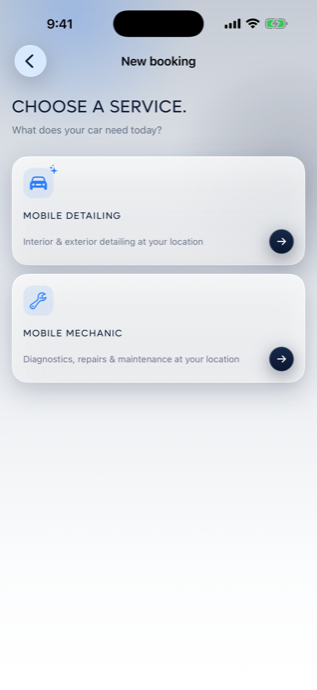 VELCURA app service selection screen showing Mobile Detailing and Mobile Mechanic options.