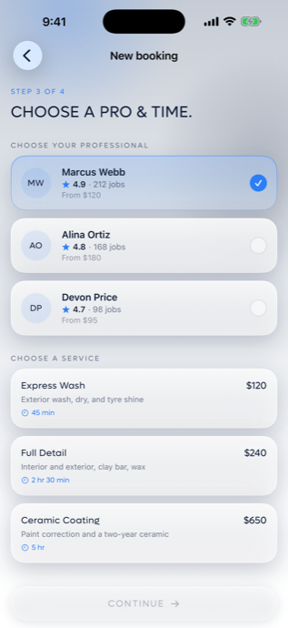 VELCURA app screen for choosing a professional, showing ratings and job counts, with Express Wash, Full Detail, and Ceramic Coating packages and prices.