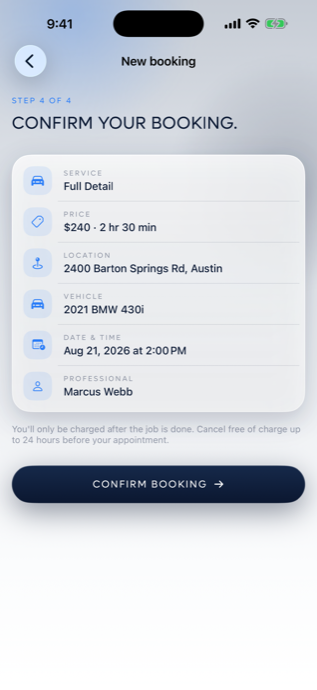 VELCURA app booking confirmation screen summarizing the service, price, location, vehicle, date and time, and assigned professional.