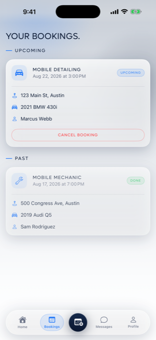 VELCURA app bookings screen listing an upcoming mobile detailing appointment and a completed mobile mechanic job.
